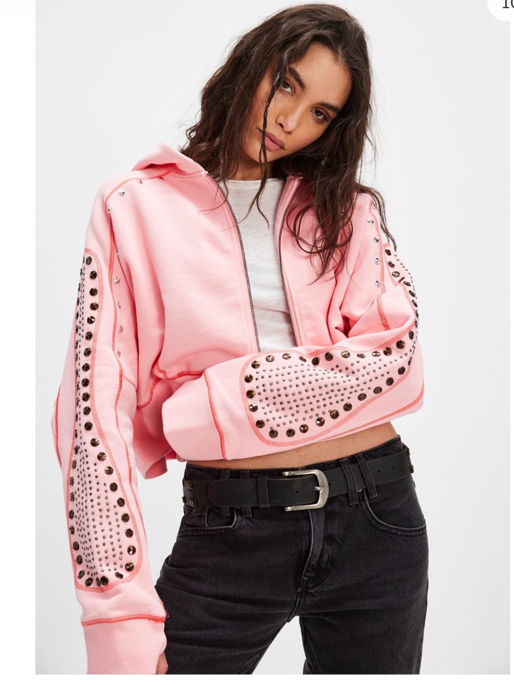 Free People Light Pink Studded Cropped Zip Hoodie